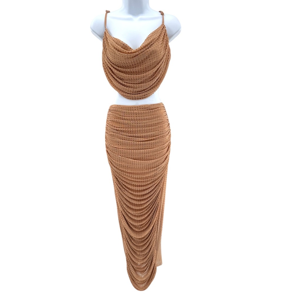 Amable by Mable Tan‎ Rhinestone Mesh Two Piece Skirt Set Party Cocktail